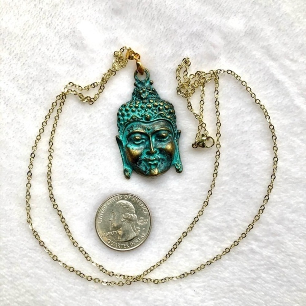 Gold Chain Necklace with Turquoise Patina Buddha Pendant
